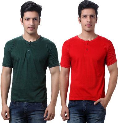 TeeMoods Solid Men's Henley Red, Dark Green T-Shirt(Pack of 2), Dark green;red