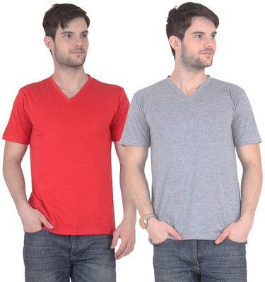 

FnMe Solid Men's V-neck Multicolor T-Shirt(Pack of 2, Grey;red