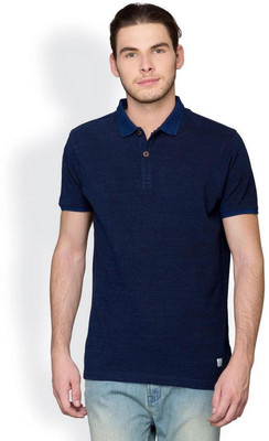 

Blackberrys Self Design Men's Polo Neck Dark Blue T-Shirt, Enzyme washed