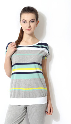 

Ajile by Pantaloons Striped Women's Boat Neck Grey T-Shirt, Grey melange