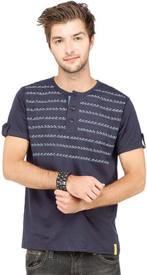 

Campus Sutra Printed Men Henley Blue T-Shirt