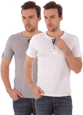 

Campus Sutra Solid Men Henley Grey, White T-Shirt(Pack of 2)