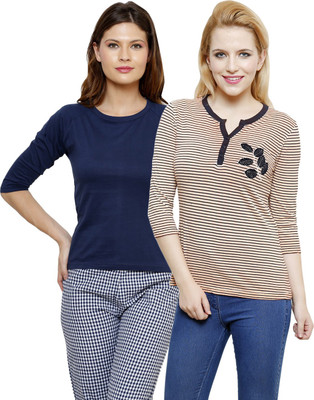 

LimeBerry Striped, Solid Women's Round Neck Orange, Dark Blue T-Shirt(Pack of 2, Dark blue;orange