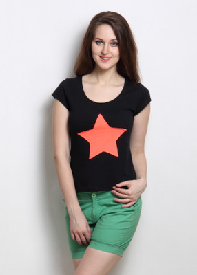 

Rigo Self Design Women's Round Neck Black T-Shirt