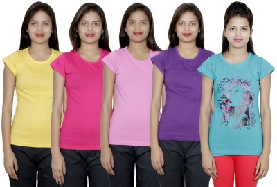 IndiWeaves Printed, Solid Women Round Neck Multicolor T-Shirt