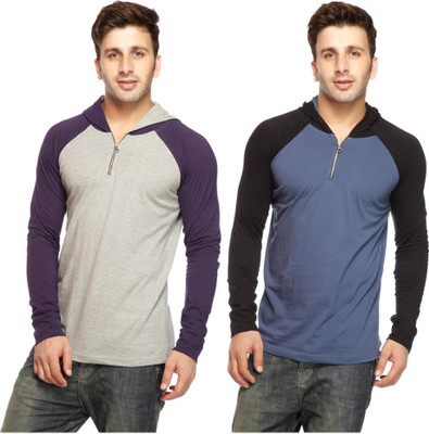 

Gritstones Solid Men's Hooded Multicolor T-Shirt(Pack of 2), Grey melange;new blue