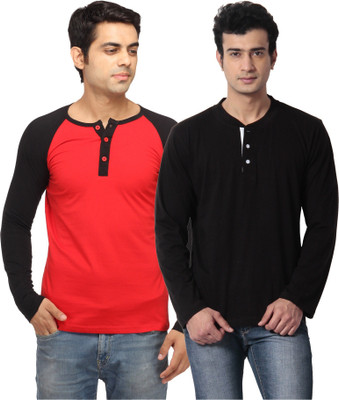 

Leana Solid Men' Henley Multicolor T-Shirt(Pack of 2, Red-black
