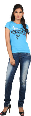 

Black Soul Solid Women's Round Neck Blue T-Shirt, Cobalt butterfly