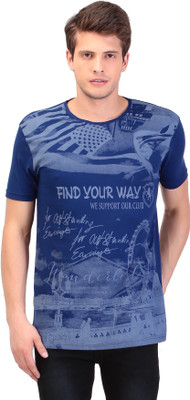 

TAG-7 Printed Men Round Neck Dark Blue T-Shirt
