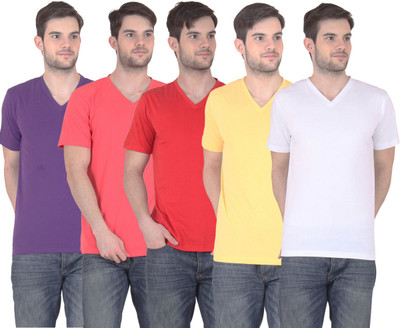

E'Hiose Solid Men's V-neck Multicolor T-Shirt(Pack of 5, Carrot;purple;red;white;yellow