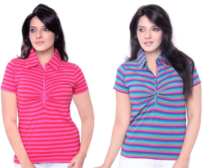 

Sini Mini Striped Women's Polo Neck Pink, Purple T-Shirt(Pack of 2)