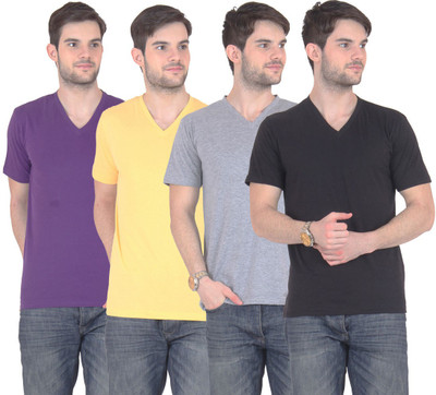 

FnMe Solid Men's V-neck Multicolor T-Shirt(Pack of 4, Black;grey;purple;yellow
