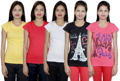 IndiWeaves Printed, Solid Women Round Neck Multicolor T-Shirt