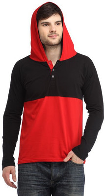 

BigIdea Solid Men' Hooded Black, Red T-Shirt