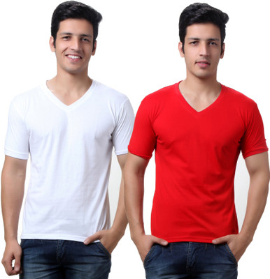 

TeeMoods Solid Men's V-neck White, Red T-Shirt(Pack of 2), Red;white