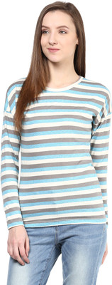 

Hypernation Striped Women' Round Neck Blue, Grey, White T-Shirt, Multicolor