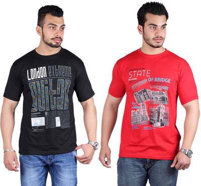 

Shineway Printed Men's Round Neck Multicolor T-Shirt(Pack of 2, Black;red