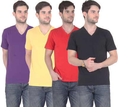 

E'Hiose Solid Men's V-neck Multicolor T-Shirt(Pack of 4, Black;purple;red;yellow