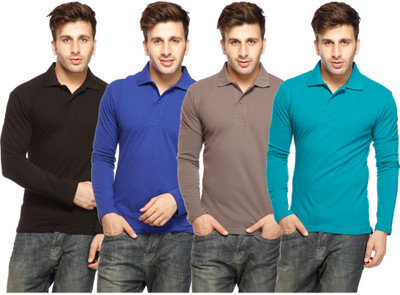 

Gritstones Solid Men' Polo Neck Multicolor T-Shirt(Pack of 4, Black;r.blue;s.grey;turq
