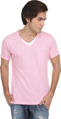 

Skatti Solid Men' V-neck Pink T-Shirt