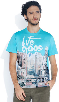 

Parx Printed Men's Round Neck Blue T-Shirt, Medium blue