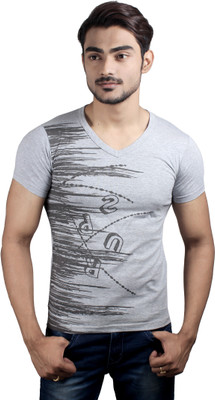 

Spur Printed Men' V-neck Grey T-Shirt, Melange