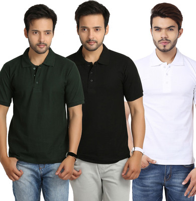 

Weardo Solid Men's Polo Neck Black, White, Green T-Shirt(Pack of 3), Black;bottle green;white