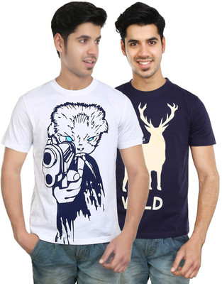 

Algotton Graphic Print Men's Round Neck White, Blue T-Shirt(Pack of 2, Blue;white