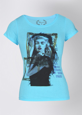 Cherokee Printed Women's Round Neck Blue T-Shirt, 231129418