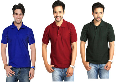 

Keepsake Solid Men's Polo Neck Multicolor T-Shirt(Pack of 3), E bottle green