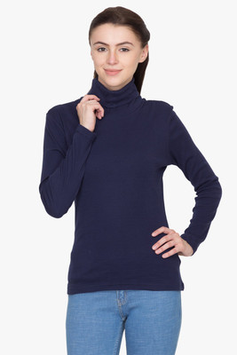 

Hypernation Solid Women's Turtle Neck Dark Blue T-Shirt, Dark navy blue