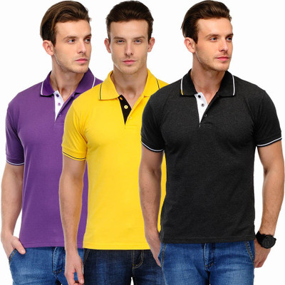 Scott International Solid Men' Polo Neck Purple, Black, Yellow T-Shirt(Pack of 3, Black;purple;yellow