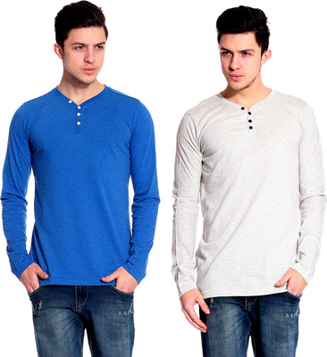 

Lemon & Vodka Solid Men's Henley Blue, White T-Shirt(Pack of 2)