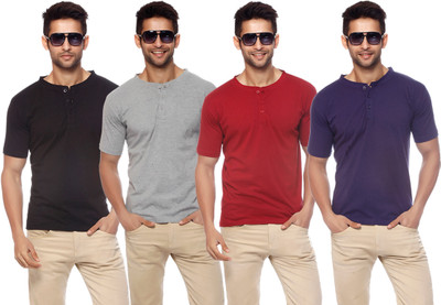 

Gritstones Solid Men's Henley Multicolor T-Shirt(Pack of 4, Black;grey melange;maroon;navy