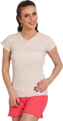 

Slumber Jill Solid Women's V-neck Beige T-Shirt, Beige melange