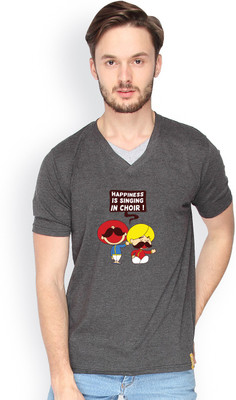 

Campus Sutra Printed Men V-neck Grey T-Shirt, Charcoal