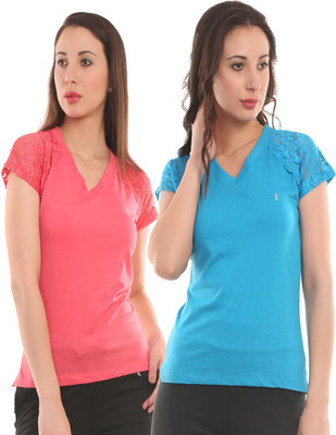 

Ultra Fit Solid Women's V-neck Pink, Blue T-Shirt(Pack of 2), Pink;skyblue