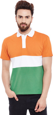 HYPERNATION Solid Men Polo Neck White, Green, Orange T-Shirt