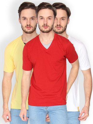 Campus Sutra Solid Men V-neck White, Yellow, Red T-Shirt(Pack of 3, Red;white;yellow
