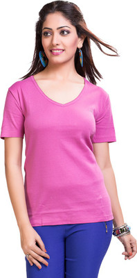 

TVENO Solid Women's V-neck Pink T-Shirt