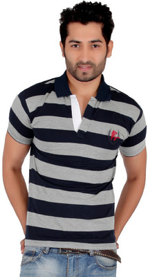 

Awack Striped Men's Polo Neck Grey, Blue T-Shirt