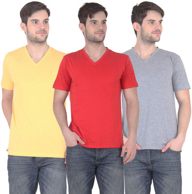 

FnMe Solid Men's V-neck Multicolor T-Shirt(Pack of 3, Grey;red;yellow