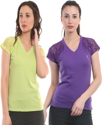 

Ultra Fit Solid Women's V-neck Purple, Green T-Shirt(Pack of 2), Pgreen;purple
