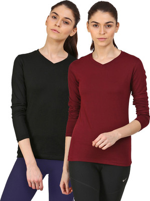Ap'pulse Solid Women V Neck Maroon, Black T-Shirt