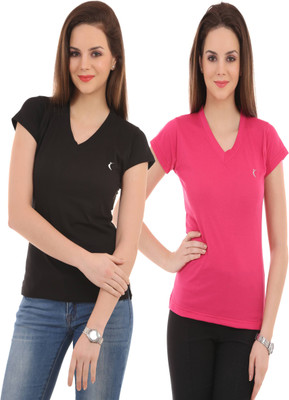 

Ultra Fit Solid Women's V-neck Pink, Black T-Shirt(Pack of 2), Black;magenta