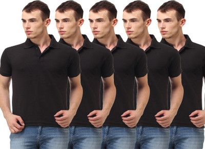 

Lime Solid Men' Polo Neck Black T-Shirt(Pack of 5