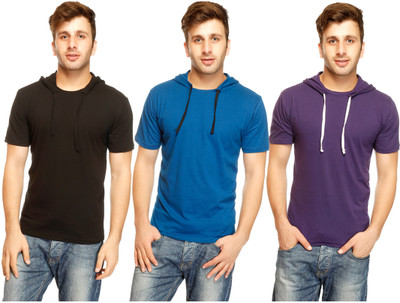 

Gritstones Solid Men's Hooded Multicolor T-Shirt(Pack of 3), Black;indigo;navy