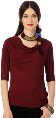 

Annabelle by Pantaloons Solid Women's Fashion Neck Maroon T-Shirt, Burgundy