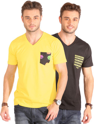 

Smugglerz Inc. Solid Men' V-neck Yellow, Black T-Shirt(Pack of 2, Black;yellow
