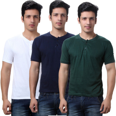 

TeeMoods Solid Men's Henley Dark Green, Dark Blue, White T-Shirt(Pack of 3), Bottle green;navy;white
